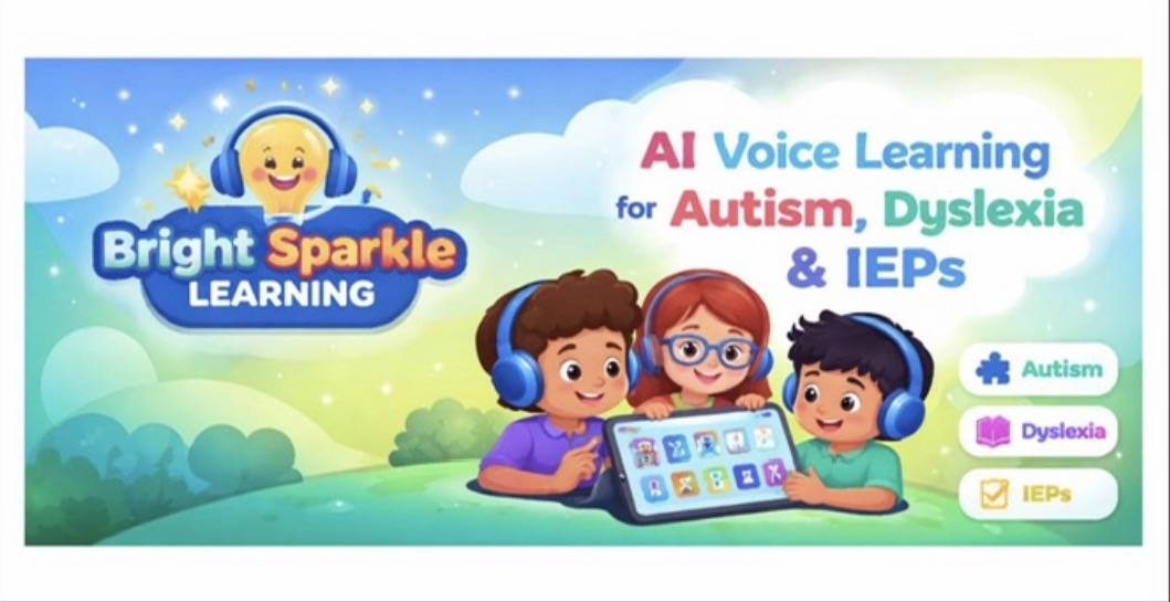 Bright Sparkle banner: three children wearing headphones using a tablet, with the text AI Voice Learning for Autism, Dyslexia and IEPs