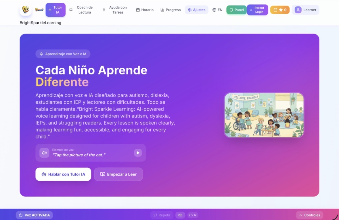 App home screen in Spanish: Cada Niño Aprende Diferente, with Hablar con Tutor IA and Empezar a Leer buttons