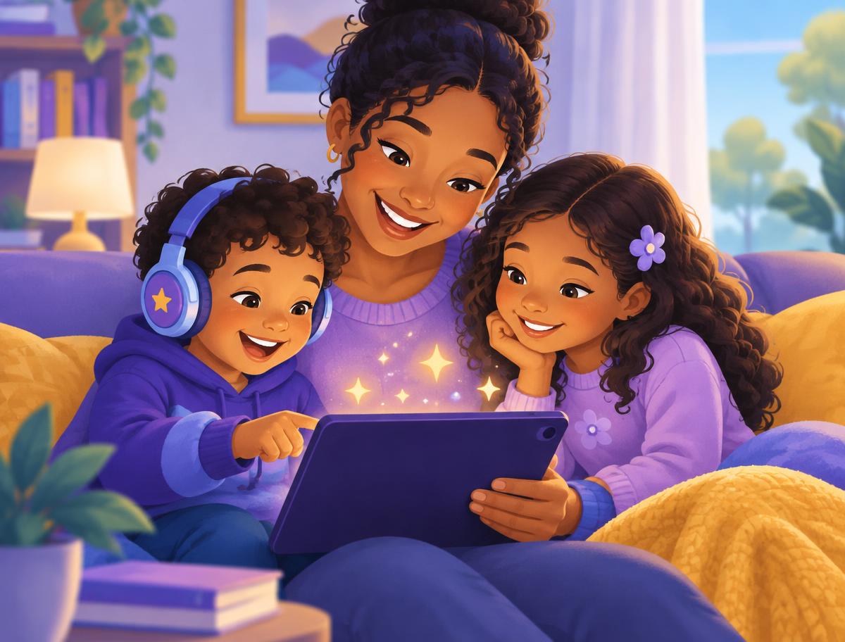 Illustration of a smiling parent cuddled on a couch with her two children, one wearing headphones, exploring a learning app together on a tablet